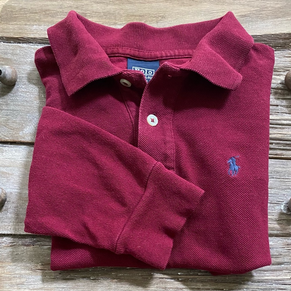 Vintage Polo Ralph Lauren Boy’s Sz 6 Maroon Mesh Knit Long Sleeve Polo‎ Shirt